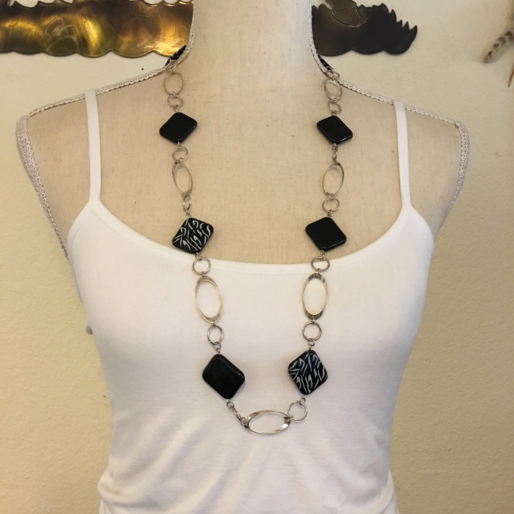 Vintage plastic disc silver link long necklace